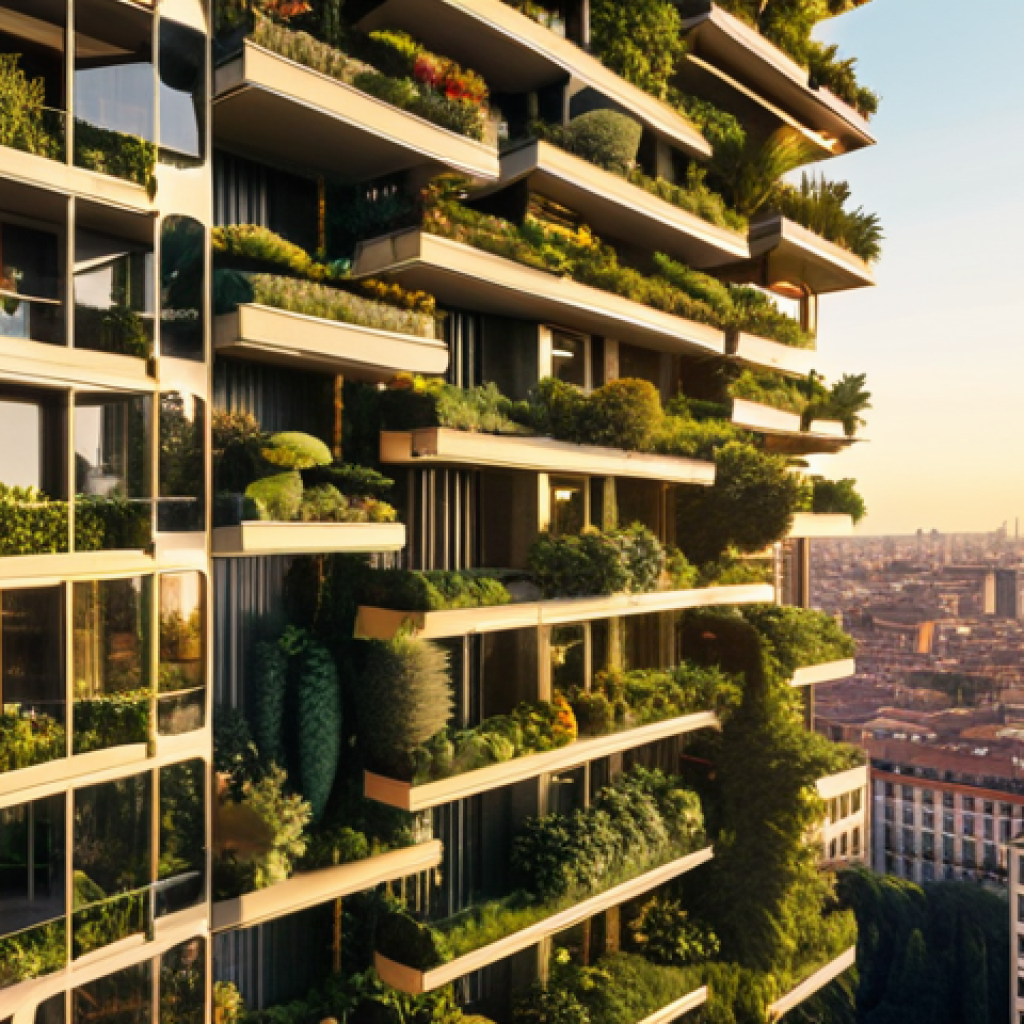A breathtaking, wide shot of a futuristic 'vertical forest' skyscraper, similar to Bosco Verticale in Milan, seamlessly integrated into a vibrant, modern city skyline at sunset. The building is incredibly lush with diverse, mature trees and plants covering its balconies, creating an urban oasis. The sun casts a golden glow on the green facades, highlighting the harmony between architecture and nature. The scene evokes a sense of tranquility and a sustainable future.