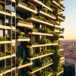 A breathtaking, wide shot of a futuristic 'vertical forest' skyscraper, similar to Bosco Verticale in Milan, seamlessly integrated into a vibrant, modern city skyline at sunset. The building is incredibly lush with diverse, mature trees and plants covering its balconies, creating an urban oasis. The sun casts a golden glow on the green facades, highlighting the harmony between architecture and nature. The scene evokes a sense of tranquility and a sustainable future.