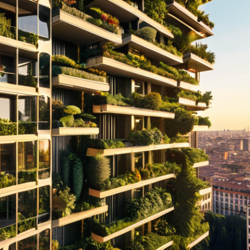 Home 4 A breathtaking, wide shot of a futuristic 'vertical forest' skyscraper, similar to Bosco Verticale in Milan, seamlessly integrated into a vibrant, modern city skyline at sunset. The building is incredibly lush with diverse, mature trees and plants covering its balconies, creating an urban oasis. The sun casts a golden glow on the green facades, highlighting the harmony between architecture and nature. The scene evokes a sense of tranquility and a sustainable future.