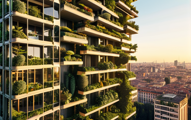 A breathtaking, wide shot of a futuristic 'vertical forest' skyscraper, similar to Bosco Verticale in Milan, seamlessly integrated into a vibrant, modern city skyline at sunset. The building is incredibly lush with diverse, mature trees and plants covering its balconies, creating an urban oasis. The sun casts a golden glow on the green facades, highlighting the harmony between architecture and nature. The scene evokes a sense of tranquility and a sustainable future.