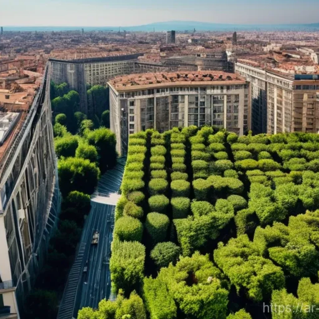 수직 숲 건물의 사례 연구  밀라노 - A breathtaking high-angle shot capturing the iconic Bosco Verticale in Milan, Italy, on a clear, sun...