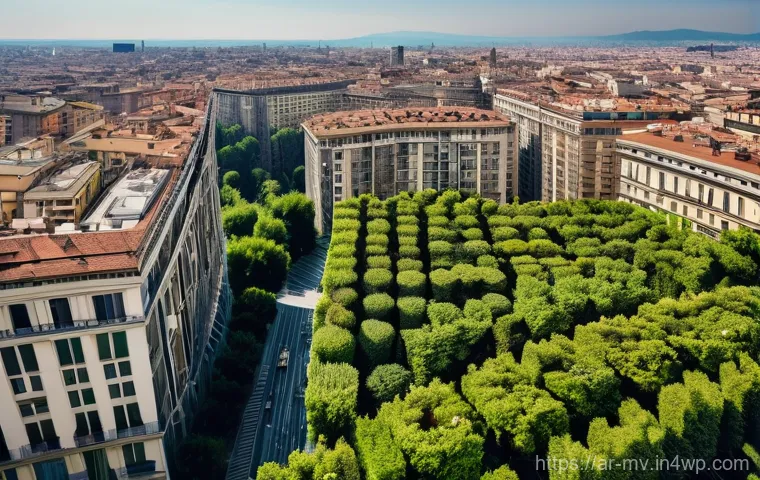 수직 숲 건물의 사례 연구 밀라노 - A breathtaking high-angle shot capturing the iconic Bosco Verticale in Milan, Italy, on a clear, sun...