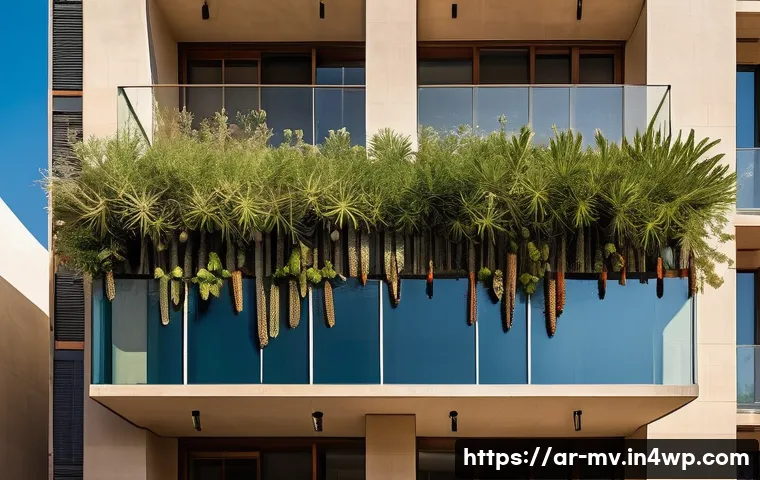 수직 숲 건물의 조경 디자인 원칙 - A modern vertical building facade in a hot, dry Middle Eastern city, decorated with drought-resistan...