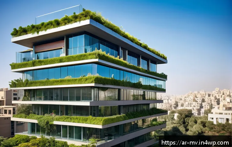 수직 숲 건물의 브랜드 가치 - A modern sustainable building in an urban Middle Eastern cityscape, featuring lush vertical gardens ...