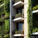 수직 숲 건물과 지역 커뮤니티의 관계 - A modern vertical green building in an urban Arabic cityscape, featuring lush hanging gardens and de...