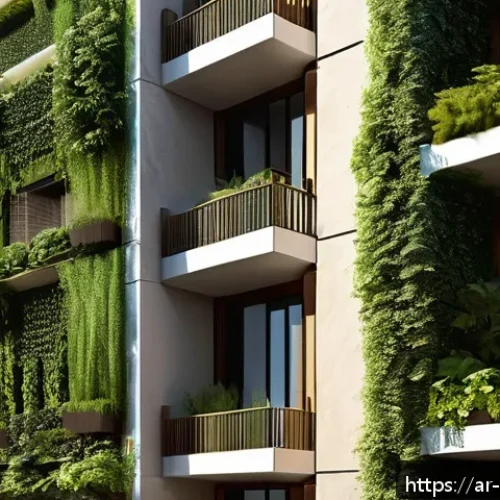 수직 숲 건물과 지역 커뮤니티의 관계 - A modern vertical green building in an urban Arabic cityscape, featuring lush hanging gardens and de...