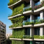 수직 숲 건물의 지역 사회와의 협력 - A modern vertical forest residential building in a bustling Middle Eastern city, featuring lush gree...