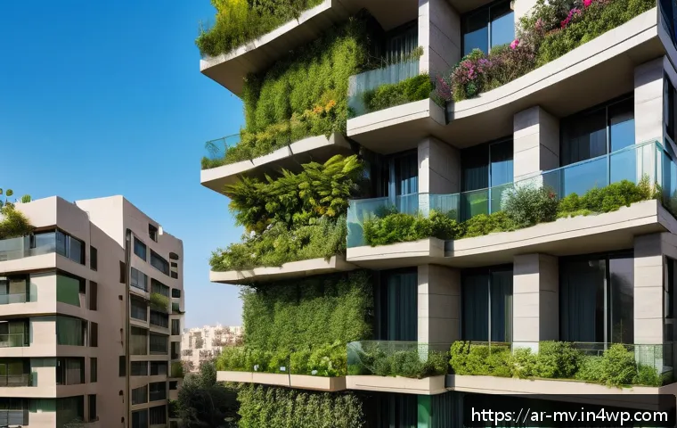 수직 숲 건물의 지역 사회와의 협력 - A modern vertical forest residential building in a bustling Middle Eastern city, featuring lush gree...