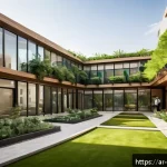 수직 숲 건물의 커뮤니티 참여 사례 - A vibrant urban green building courtyard designed for social interaction, featuring open spaces bath...