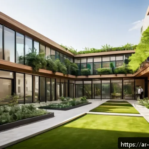 수직 숲 건물의 커뮤니티 참여 사례 - A vibrant urban green building courtyard designed for social interaction, featuring open spaces bath...