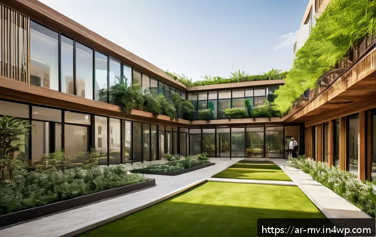 수직 숲 건물의 커뮤니티 참여 사례 - A vibrant urban green building courtyard designed for social interaction, featuring open spaces bath...