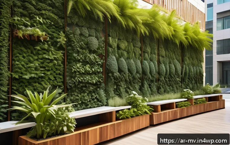 수직 숲 건물의 친환경 건축 자재 - A vibrant urban vertical garden wall in a Middle Eastern city, showcasing lush greenery with a varie...