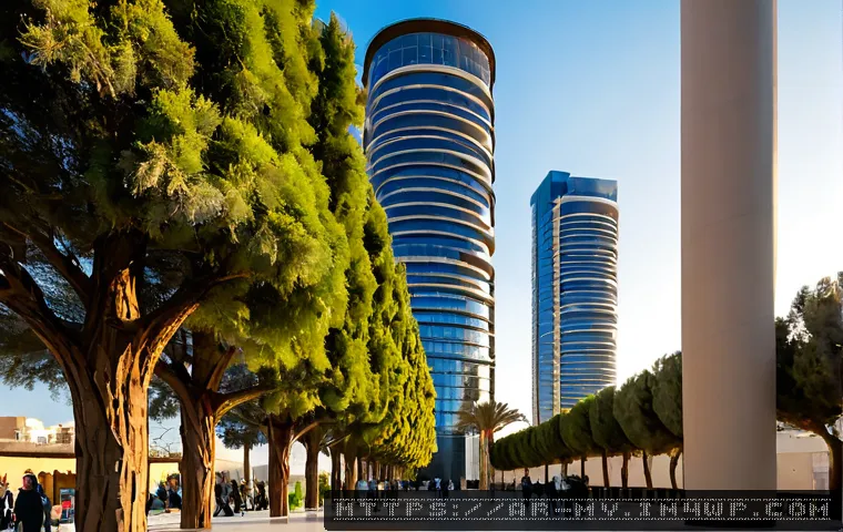 수직 숲 건물의 대체 에너지 활용 - Photorealistic wide-angle view of a vertical forest skyscraper in a modern Middle Eastern city, balc...
